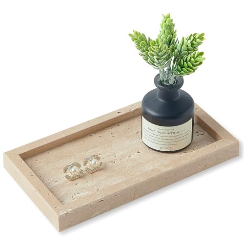 Natural Small Travertine Vanity Tray, Luxury Stone Organizer for Bathroom & Kitchen | Holds Soap Dispenser, Jewelry, Perfume | Non-Resin, Non-Ceramic Décor - color: Travertine, size: 7.9" x 4.3" x 0.8"