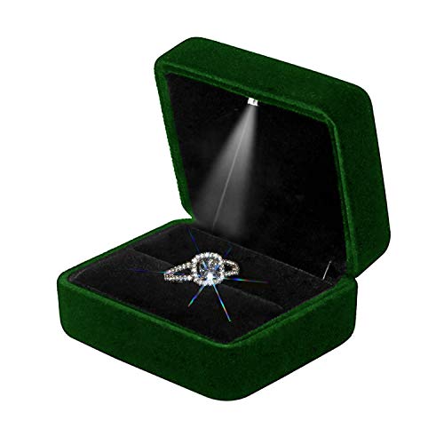Ring Box with LED Light Velvet Emerald Jewelry Box - color: Emerald Green