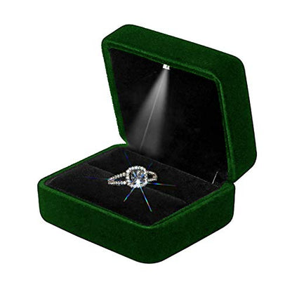 Ring Box with LED Light Velvet Emerald Jewelry Box - color: Emerald Green