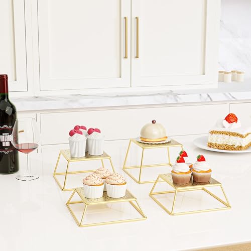 Dessert Table Risers Display Stands Food display Gold Metal Square Retail Pizza,Cupcake,Candy Stands Food Platter Tray,6x6 INCH,Set of 4