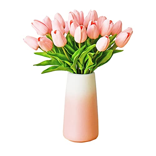 Mandy's Light Pink Artificial Tulips Flowers Centerpiece, 13.5" Lifelike PU Fake Floral Stems 28pcs with Vase for Kitchen Island & Dining Table, Spring Decor for Easter - color: Light Pink With Vase