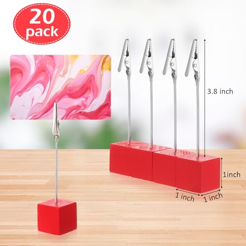 Gersoniel 20 Pcs Cube Base Memo Clip Holder with Alligator Clip Wood Table Number Holder Cube Base Place Card Stand Mini Photo Menu Stand for Displaying Number Card (Red) - color: Red