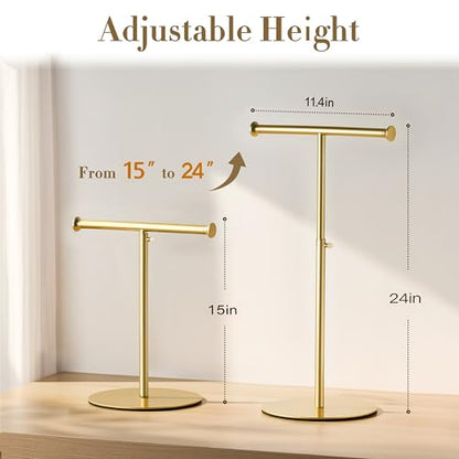 niffgaff T Bar Purse Display Stand Tabletop: Adjustable Height Handbag Holder, Countertop Hanging Rack for Long Necklace Scarf Lanyard, Gold - color: Gold