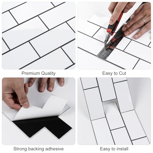 Peel and Stick Backsplash Tile, 20 Sheets White Subway Tile Backsplash for Kitchen and Bathroom, Waterproof Self Adhesive Wall Tile, Heat Resistant, Easy DIY Install, Covers 9.2 Sq.Ft - color: White-black