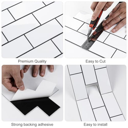 Peel and Stick Backsplash Tile, 20 Sheets White Subway Tile Backsplash for Kitchen and Bathroom, Waterproof Self Adhesive Wall Tile, Heat Resistant, Easy DIY Install, Covers 9.2 Sq.Ft - color: White-black