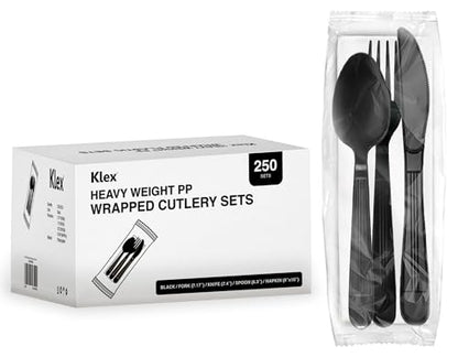 Klex 250 Individually Wrapped Disposable Utensil Sets with Heat Resistant, BPA Free Heavy Weight Fork, Spoon, Knife, and Napkin, Black, 250 Sets