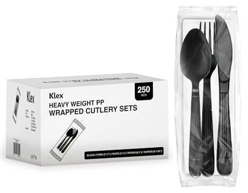 Klex 250 Individually Wrapped Disposable Utensil Sets with Heat Resistant, BPA Free Heavy Weight Fork, Spoon, Knife, and Napkin, Black, 250 Sets