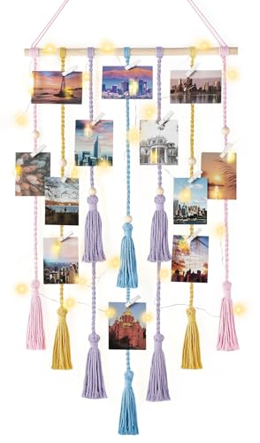 Mkono Hanging Photo Display Boho Macrame Wall Decor with Light, Teen Girl Teenage Gifts, Pictures Cards Frame Holder Art Hanger for Christmas Birthday Party Bedroom Dorm, with 30 Wood Clips, Multi - color: Multi