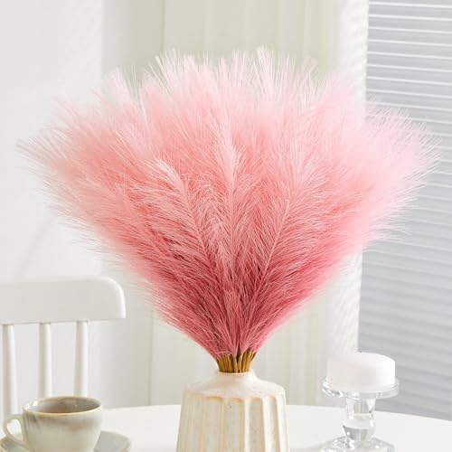 50pcs Faux Pampas Grass,17.7" Artificial Fluffy Pampas Grass Decor Short Fake Pompos for Home Room Birthday Party Centerpieces Decoration(Gridient Pink) - color: Pink