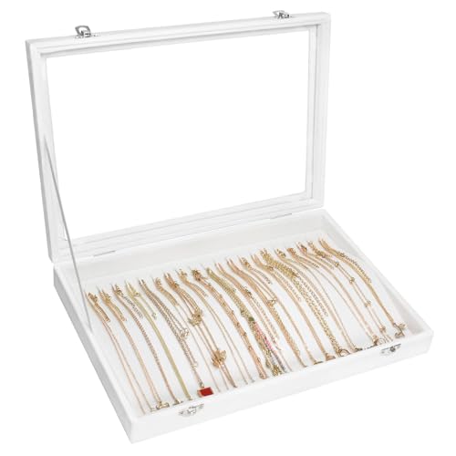 Siveit Necklace Organizer Box Premium 20 Hooks Velvet Necklace Display Jewelry Tray with Transparent Lid Jewelry Necklace Display Box for Necklace Pendants Suitable for Women and Girls (Ivory) - color: Ivory