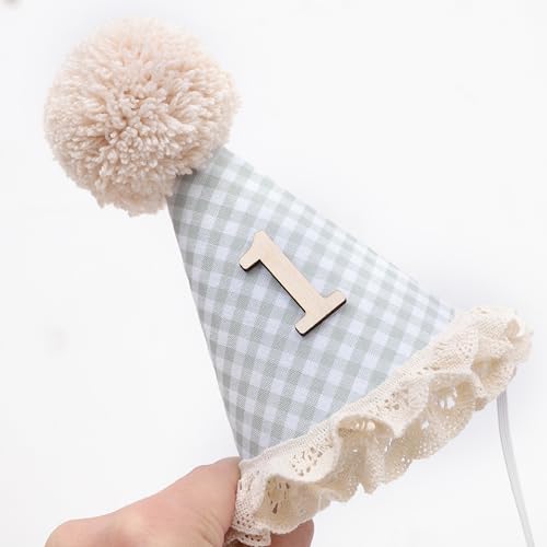 WAOUH Boho 1st Birthday Crown - Unisex Adjustable Baby Hat with Pom Topper, Felt Party Decoration & Photo Props - color: Green Plaid