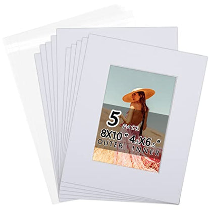 Acid-Free 5 Pack 8x10 Pre-Cut Mat Board Show Kit for 5x7 Photos, Prints or Artworks, 5 Core Bevel Cut Matts and 5 Backing Boards and 5 Crystal Plastic Bags, White - size: 8x10-5 Pack