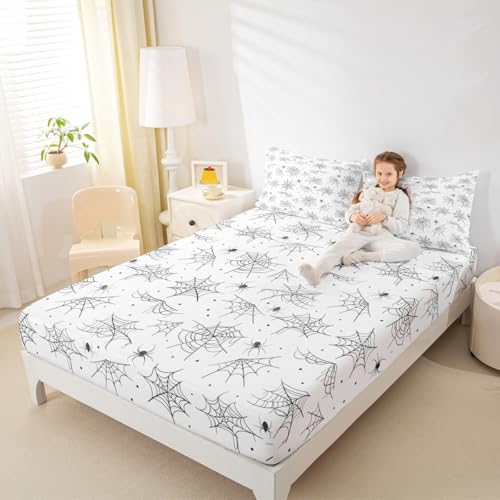 Feelyou Happy Halloween Bed Sheets Sets Twin Size Kids Boys Girls Black White Cobweb Bedding Set Spider Bed Sheet Set with 16-Inch Deep Pockets 3Pcs with 1 Pillow Cases - color: Black and White, size: Twin