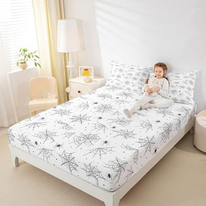 Feelyou Happy Halloween Bed Sheets Sets Queen Size Kids Boys Girls Black White Cobweb Bedding Set Spider Bed Sheet Set with 16-Inch Deep Pockets 4Pcs with 2 Pillow Cases - color: Black and White, size: Queen