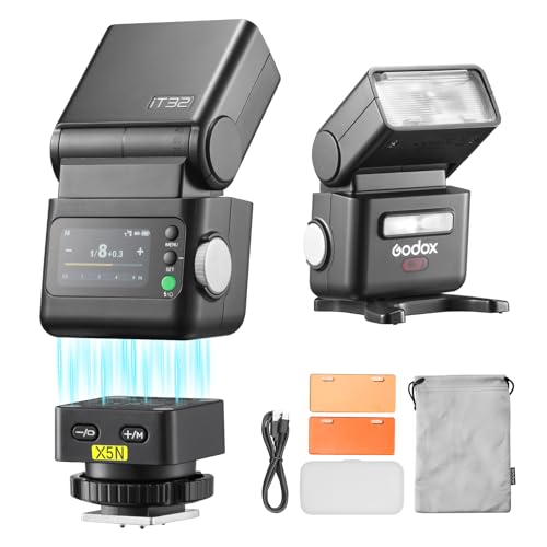 Godox IT32 TTL Camera Flash with X5N Wireless Flash Trigger/Magnetic Hotshoe for Nikon, Touchscreen 2.4G Wireless TTL&HSS, LED Modeling Light, with Reflector and Diffuser