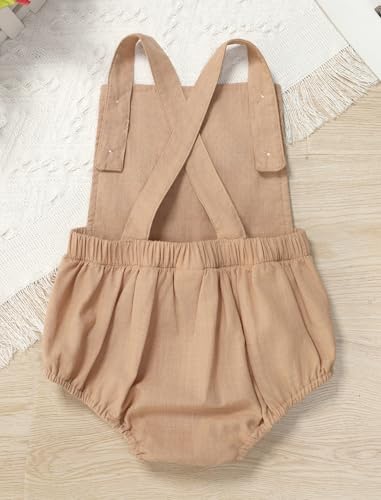 IMEKIS Baby Girls Boys Boho 1st Birthday Outfit Backless Overalls Romper for Cake Smash Photo Shoot - color: Khaki + Brown One, size: 12-18 Months