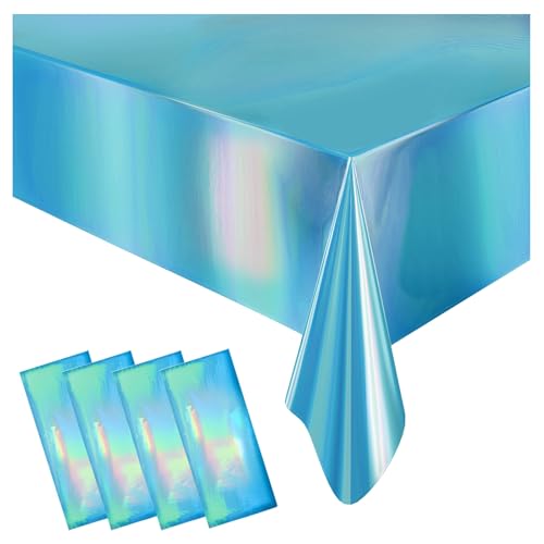 4 Pack Iridescent Plastic Tablecloths Disposable Table Cover Sparkly Foil Table Cloth for Rectangle Tables Party Decorations Birthday Princess Bridal Wedding Christmas Blue, 54 x 108 Inch - color: Shiny Blue