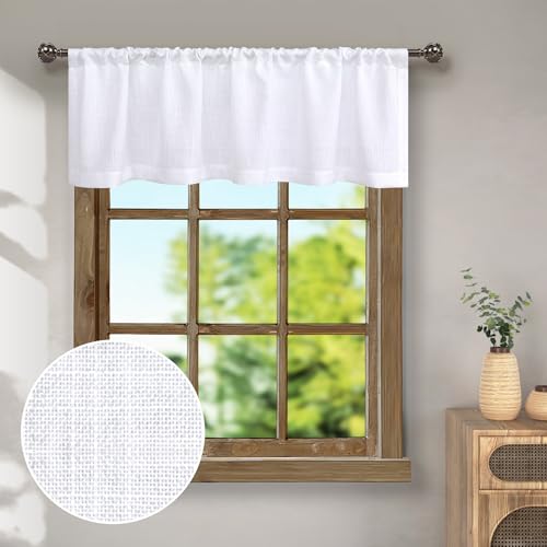 Pitalk White Valance for Windows 18 Inch Length Light Filtering Semi Sheer Linen Cotton Kitchen Valance for Bathroom Short Valance for Living Room Bedroom Bathroom Small Window Curtain Farmhouse Décor - color: Pure White