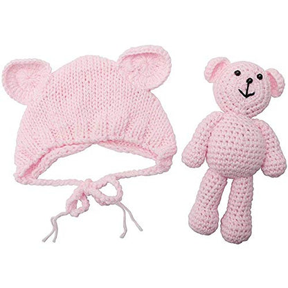 Newborn Baby Photo Shoot Props Boys Girls Crochet Knitted Hat Bear Hat Beanie with Bear Dolls Photography Props - color: Light Pink