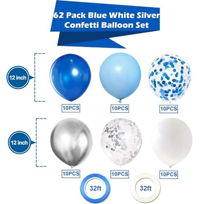 OuMuaMua 62pcs Blue Silver White Confetti Balloons Kit, 12 Inch White Royal Blue Metallic Silver Confetti Balloons for Boy Birthday Baby Shower Graduation Party Supplies - color: Blue White Silver