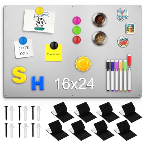 16" x 24" Magnetic Board, Silver Magnet Bulletin Board to Display Magnetic Letters, Metal Board for Wall, Refrigerator Photo, with Dual Lock Tape and Screws, Marker Pen - color: Silver, size: 16" x 24"