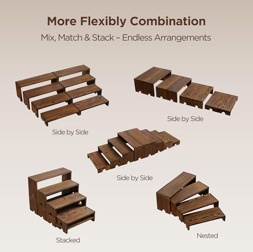 HBlife 2 Set Widened Wood Display Risers for Vendor Events, Stackable Modular Cupcake Stand Buffet Risers, Dessert Table Display Set, Tiered Display Shelves for Perfume/Figures/Collectibles, Charcoal