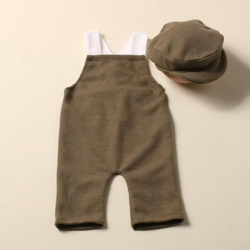 Holibeat Newborn Boy Photography Props Baby Boy Photo Shoot Outfits Infant Gentleman Romper Suits with Hat - color: Olive