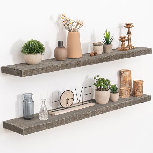 FLYJOE Floating Shelves Reclaimed Barnwood, 8" Deep Solid Wood Floating Shelf Wall Hanging Shelves with Invisible Heavy-Duty Metal Bracket | Wall Mounted | Farmhouse Style | 40 inches,2PCS,Grey - color: Distressed Grey, size: 40inches-2p