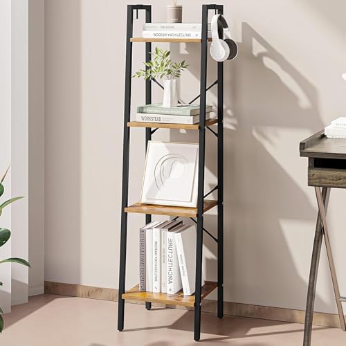 Hzuaneri Ladder Shelf, Bookshelf Bookcase, Freestanding Corner Storage Shelve with 2 Hooks for Home Office, Living Room, Kitchen, Bedroom, Industrial, 11.8"D x 13.4"W x 47.2"H, Rustic Brown BC13201B - color: Rustic Brown, size: 11.8"d X 13.4"w X 47.2"h