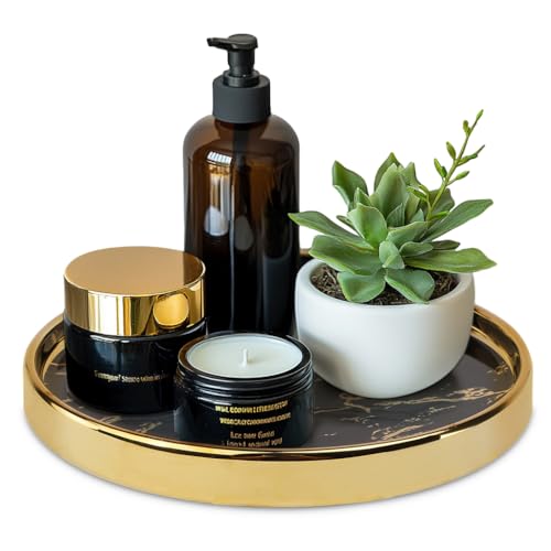 Small Round Black Decorative Tray – Marble Look Jewelry Dish, Perfume Organizer, Makeup Vanity Tray for Dresser, Counter, or Bedroom - color: Black, size: 8.6"