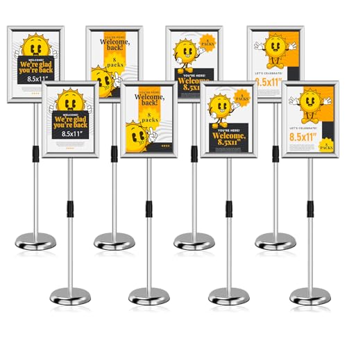 Sign Holder Stand - 8.5 ×11 inch Standing Display Sign Stand, Adjustable Poster Sign Holder Heavy Duty Pedestal Floor Sign Stand, Snap Open Frame for Vertical & Horizontal View, Silver (Silver, 8.5x11 8-Pack) - color: Silver, size: 8.5x11 8-Pack