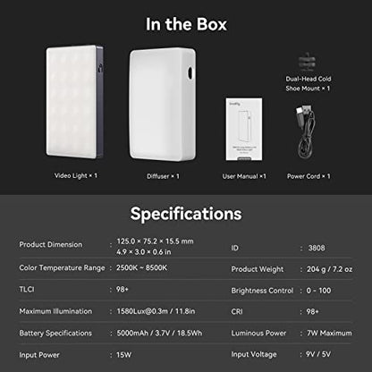 SmallRig RM120 RGB Video Light, 5000mAh 180 Minutes Portable Camera Light 7W Output Power, LED Video Light Panel, 2500-8500K CRI TLCI 98+ for TikTok, Content Creator, Photographer
