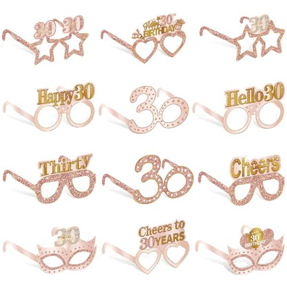 Guiruiy 24PCS 30th Birthday Paper Eyeglasses Decorations for Women, Pink Rose Gold Happy 30th Birthday Eyeglasses Party Supplies, Funny Thirty Year Old Birthday Glasses Decor - style: Rose Gold 30th