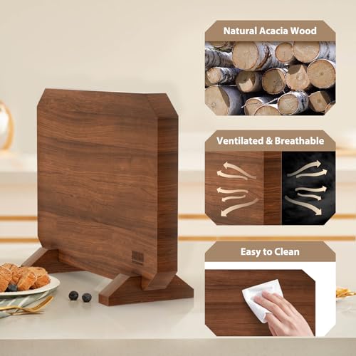 HOSHANHO Magnetic Knife Block, Thickened Acacia Wood Kitchen Knife Holder Stand with Strong Magnets, Multifunctional Double Side Knife Storage Organizer for Kitchen Counter - size: 14*10*4.7 inch