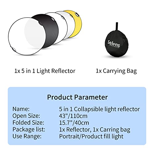 Selens 43 Inch (110cm) Photography Reflector, Collapsible Light Reflector with Carrying Case, 5 in 1 Reflector for Photography Photo Studio Lighting -Translucent, Silver, Gold, White and Black - size: 43 Inch