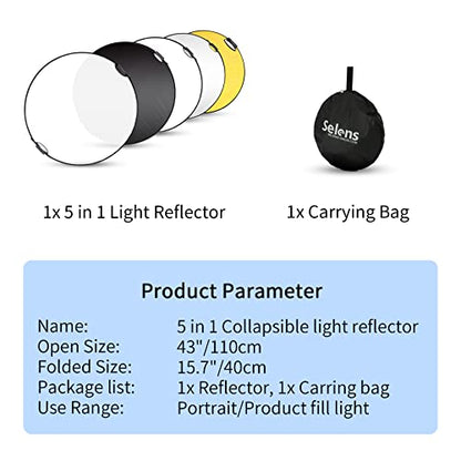 Selens 43 Inch (110cm) Photography Reflector, Collapsible Light Reflector with Carrying Case, 5 in 1 Reflector for Photography Photo Studio Lighting -Translucent, Silver, Gold, White and Black - size: 43 Inch