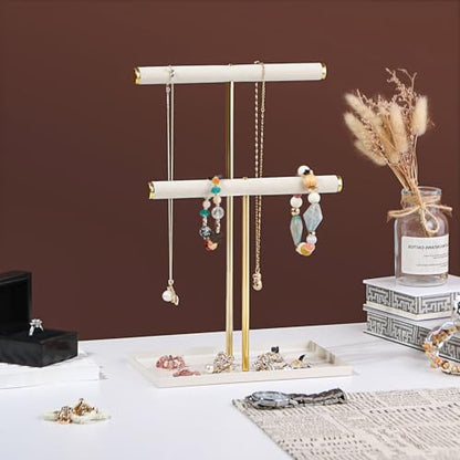 2 Tier Necklace Bracelet Holder Stand, Multi-Use Jewelry Display Organizer with Metal Tray, Velvet T-Bar Metal Necklace Organizer Stand, Jewelry Hanger Tower Rack for Men Women (Gold 12" Tall) - color: Gold