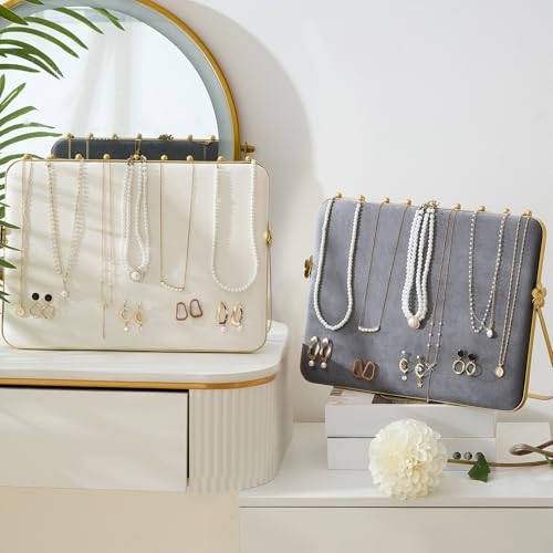 Colingmill 1 Pack Necklace Display Stand for Vendors 14 x 9.7 Inch Large Velvet Necklace Display Stand Double-sided Chain Holder Beige Grey Chain Jewelry Holder for Selling Craft Show Exhibidores