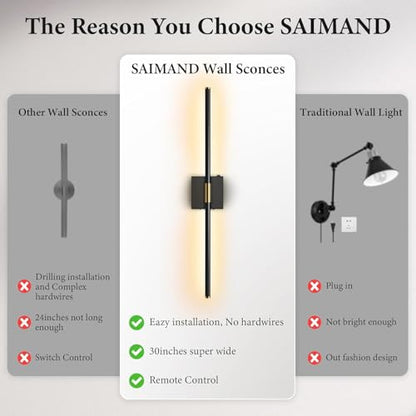 SAIMAND Wall Sconces Set of 2 Battery Operated, Wireless USB Rechargeable Wall Lights with Remote Control, 360° Rotation, 8000mAh LED Dimmable Picture Lamp for Living Room,Bedroom,Hallway (30in Black) - color: Black