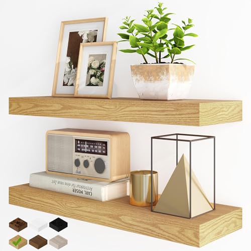 Fun Memories Floating Shelves for Wall, 24Inch Floating Shelves Set of 2, Hanging Shelf with Invisible Brackets, Wood Shelves for Living Room, Bedroom, Kitchen, Oak - color: Oak, size: 24"w X 6.5"d