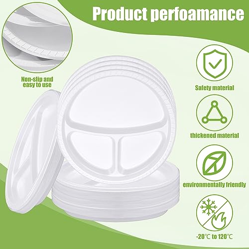 Umigy 100 Pcs 10 Inch 3 Compartments Divided Plastic Plates Bulk Colorful Disposable Heavy Duty Round Dinnerware for Valentine Wedding Birthday Party(White) - color: White