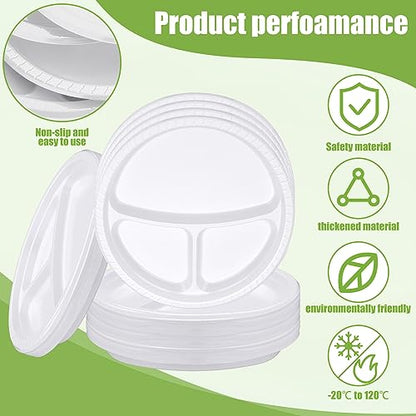Umigy 100 Pcs 10 Inch 3 Compartments Divided Plastic Plates Bulk Colorful Disposable Heavy Duty Round Dinnerware for Valentine Wedding Birthday Party(White) - color: White