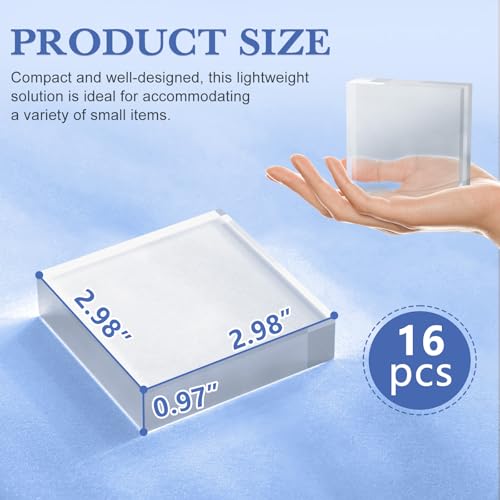 SAMYUCHO Acrylic Blocks 3 X 3 X 1 Inch 16 Pcs Acrylic Base Stand for Display Clear Block Square Riser Display Stands Pedestal Polished Cube for Jewelry trophy Props Collection Ring