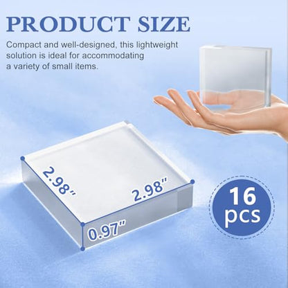 SAMYUCHO Acrylic Blocks 3 X 3 X 1 Inch 16 Pcs Acrylic Base Stand for Display Clear Block Square Riser Display Stands Pedestal Polished Cube for Jewelry trophy Props Collection Ring