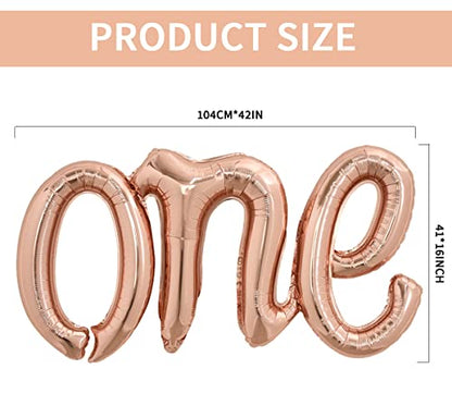 TONIFUL Rose Gold One Balloons Banner, 42*16 Inch Mylar Foil Script,Cursive Letter ONE Sign Banner Balloon Bunting Reusable Ecofriendly Material for Boys Girls Kids First Birthday One Year Old Party - color: One-rose Gold