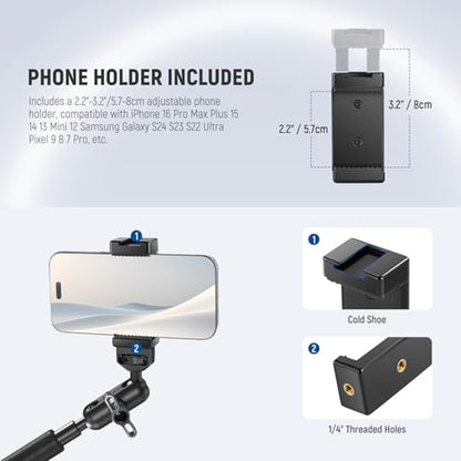NEEWER Magic Arm Camera Mount, Overhead Desk Phone Mic Stand Holder, 22" Articulating Boom Arm C Clamp 1/4" 3/8" Threads for ARRI for Microphone Webcam Action Camera Video Light, Cleaning Cloth, UA057 - style: UA057 w/Cleaning Cloth