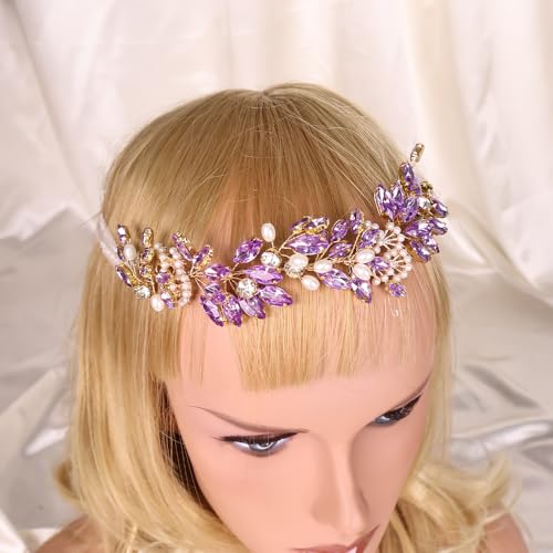 Adjustable Flower Crown Headband for Women - Floral Garland Hair Wreath with Crystal Accents Perfect for Weddings Flower Wands Photo Props (Purple Beaded CZ, Adjustable) - color: Purple Beaded CZ