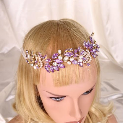 Adjustable Flower Crown Headband for Women - Floral Garland Hair Wreath with Crystal Accents Perfect for Weddings Flower Wands Photo Props (Purple Beaded CZ, Adjustable) - color: Purple Beaded CZ