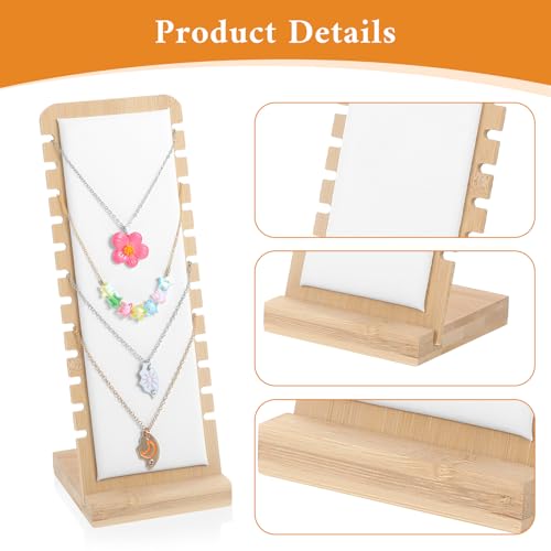 3 Pcs Necklace Display Stands for Selling, Bamboo Necklace Holder with PU Leather Panel Beige Multi-Tiered Jewelry Display Storage Set for Vendors and Home (11.8x7.9x3.3 Inch/10.6x3.9x3.7 Inch)