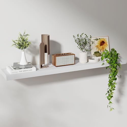 Axeman Floating Shelves, 8 Inch Deep Rustic Solid Wood Wall Shelves for Storage, Wall Mounted Display Shelving with Invisible Heavy-Duty Metal Bracket, 48" W x 8" D x 1.6" H, Distressed White - color: Distressed White, size: 48" W, 1-Pack